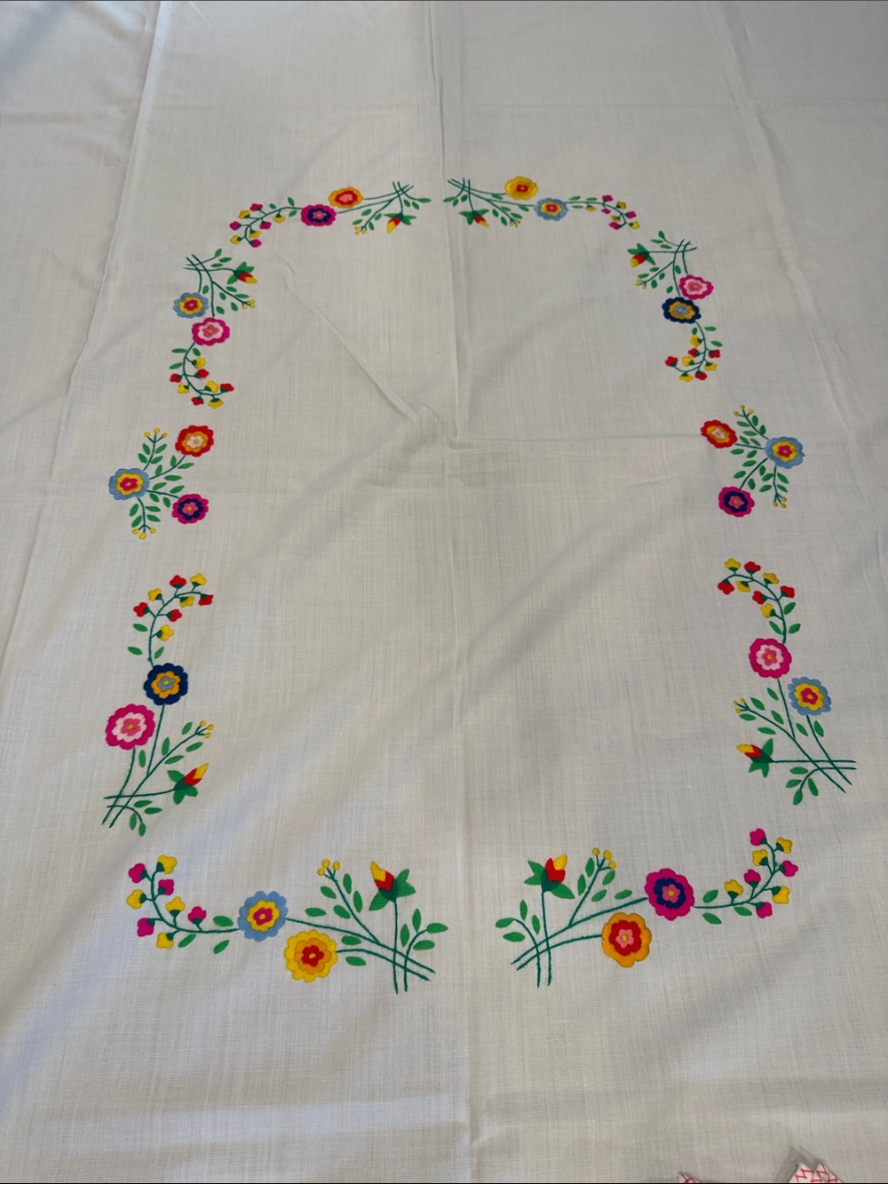 Vintage White Table Linen with Pink, Yellow, Blue & Green Floral Embroidery - Picture 4 of 9